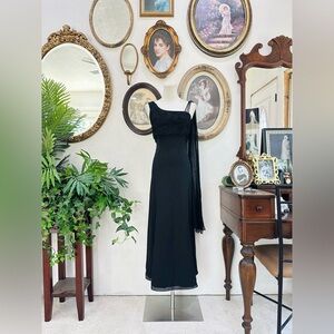Vintage black asymmetrical evening dress- chiffon & beaded detail